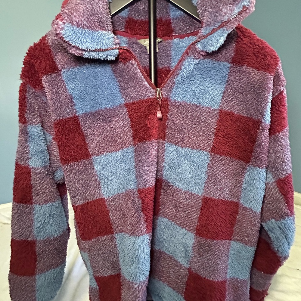 Eddie Bauer Womens‎ Sherpa Fleece Quarter Zip Pullover Buffalo Plaid Red Blue S